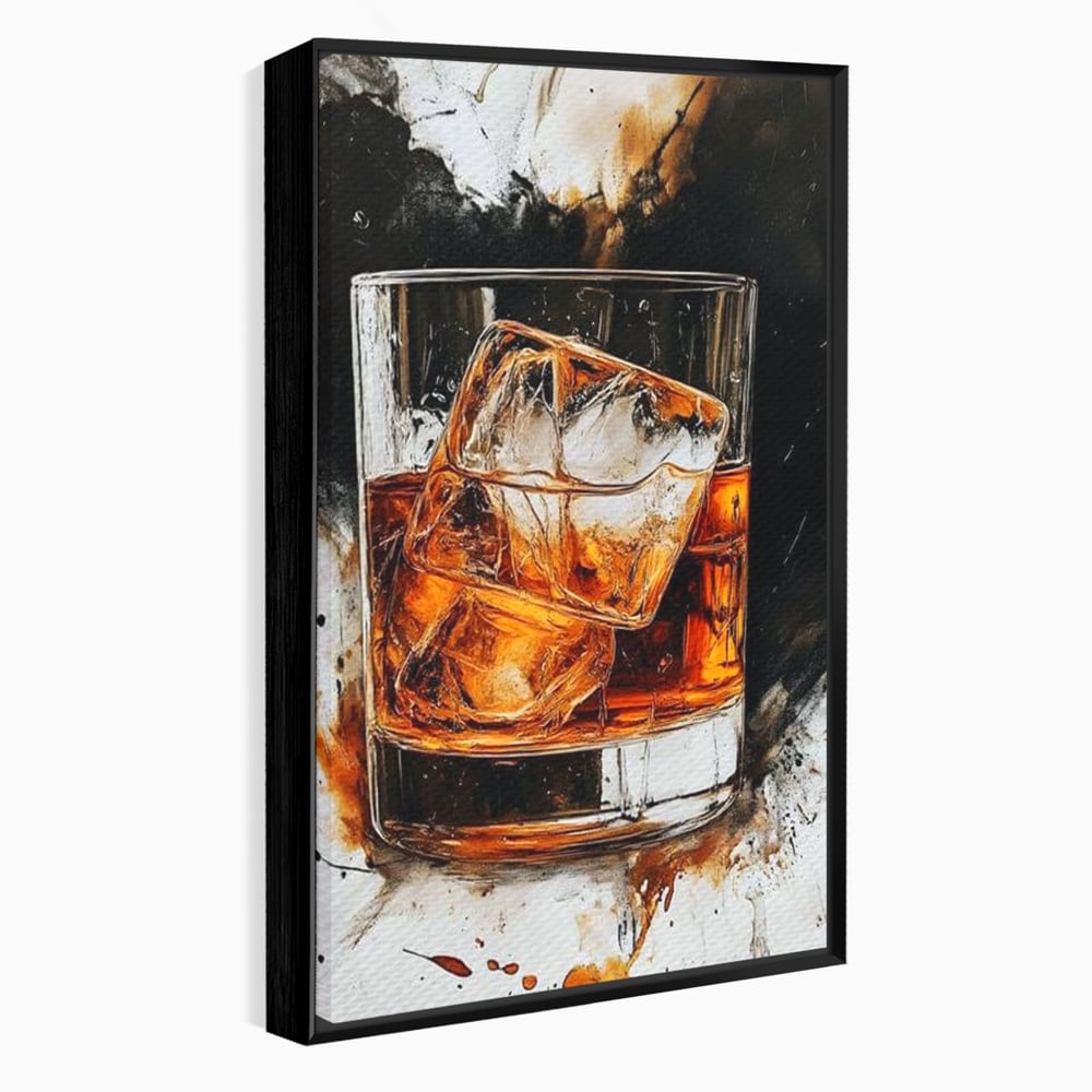 Tablou canvas cu tablou canvas cu pahar de whisky si gheata, in rama de aluminiu negru
